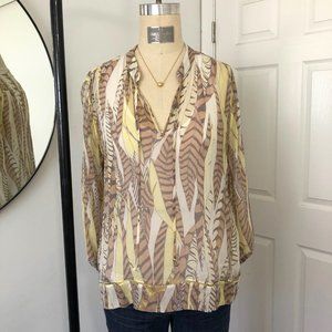 Club Monaco Silk Sheer Feather Print Blouse L